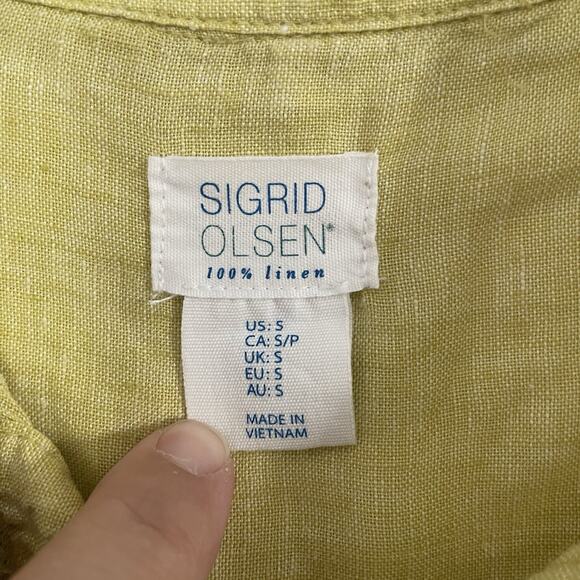 SIGRID OLSEN 100% Linen Tunic Blouse Roll Tab Slv. Citrine Yellow Natural Small‎ - Picture 8 of 9